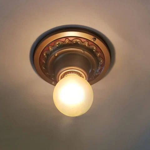 VINTAGE Art Deco Flush LIGHT FIXTURE, BRASS Single Bulb, Circa 1920's, RESTORED Cover