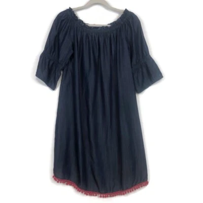 Vestido Wendy Williams azul cambray para mujer talla-Lg rojo pompón dobladillo mangas campana Foto 1 de 4