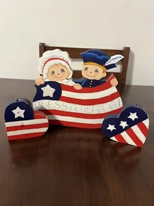 Juego de 3 piezas vintage de madera pintada a mano 1991 “Bless America” 4 de julio EE. UU. - Imagen 1 de 3