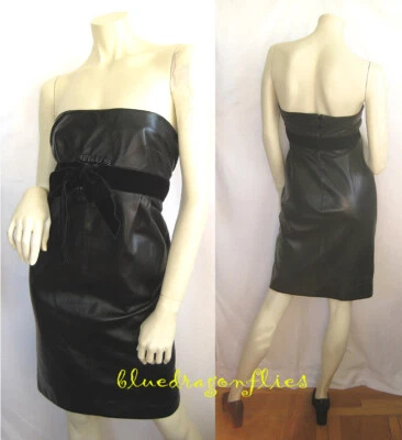 VALENTINO Vestido Sin Tirantes Cuero Negro Piel de Cordero, Terciopelo Imperio Cintura Hebilla Foto 1 de 4