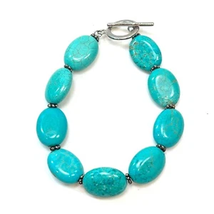 Bracciale Vintage Turchese Blu Gemme Tono Argento Toggle Bracelet Perline Ovali - Foto 1 di 7