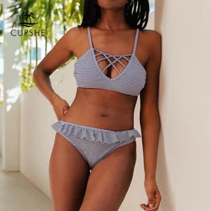 Cupshe Bikini Sexy Cheeky Adjustable Blue and White Stripe Two-Piece Beachwear - Picture 1 of 10