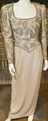 黑色领带 Oleg 卡西尼杏仁串珠亮片复古礼服 10 码 — 第 1/4 张图片