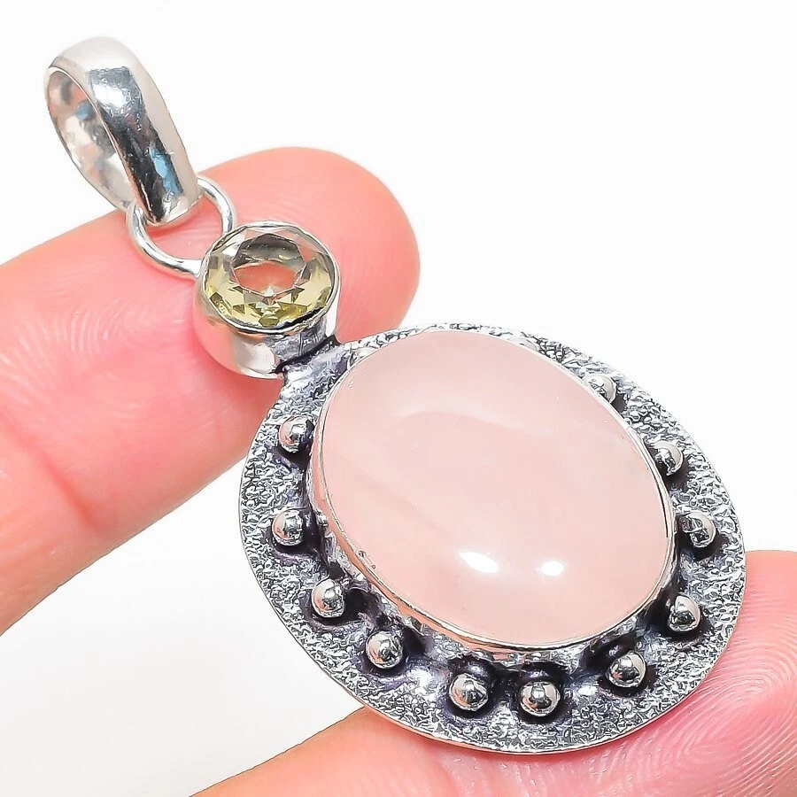 Natural Rose Quartz Gemstone 925 Sterling Silver Jewelry Pendant Size 2.25" - Image 1 of 1