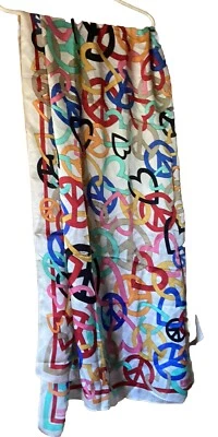 Cachecol Moschino Vintage Grande 26x68 100% Seda Corações e Símbolos de Paz Multicolorido - Imagem 1 de 4