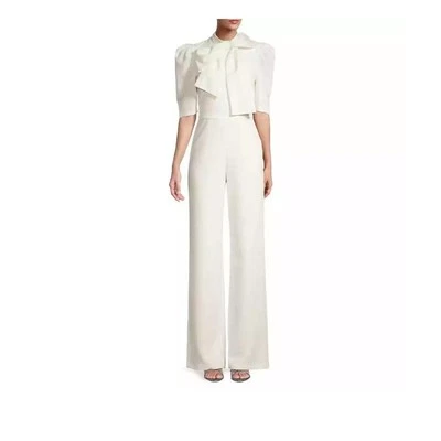 Black Halo Eve Ara Bow Puff Sleeve Wide Leg Jumpsuit White Size 10 - Image 1 of 4