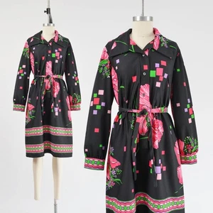 Vintage Black Geometric Floral Retro Collared Shirt Dress with Tie Belt M - Picture 1 of 8