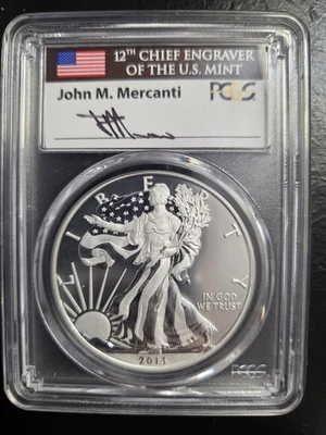 2013-W ENHANCED SILVER EAGLE PCGS SP70 WEST POINT MINT SET JOHN MERCANTI SIGNED - Image 1 of 4