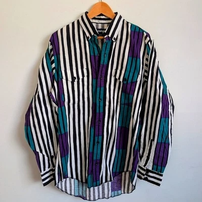 Rare Vintage Wrangler Striped Shirt Men's Medium X-Long Tail Multicolor Collared - Image 1 of 4