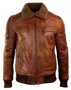 Mens B3 Bomber Aviator Pilot Leather Jacket Rust Tan Brown Fur Collar Coat - Picture 1 of 3