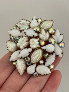 Vintage Blatt Blume Milchglas AB Strass Brosche Anstecknadel - Bild 1 von 17