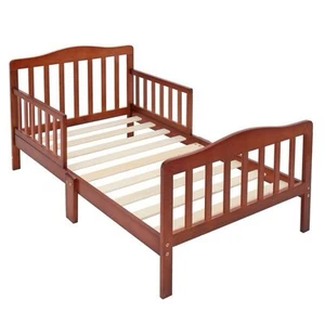 Brown Wooden Baby Toddler Bed Children Bedroom Furniture with Safety Guardrails - Picture 1 of 2