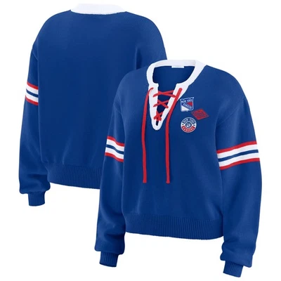 Women's WEAR by Erin Andrews  Blue New York Rangers Cropped Lace-Up Sweater - Image 1 of 4