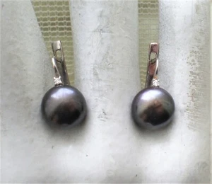 Russian Russia 14K 585 White Gold 10.5MM Black Peacock Pearl Pierced Earrings - Picture 1 of 6