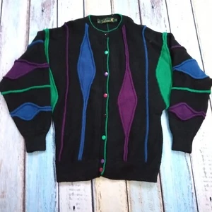 Tulchan Vintage 90s Multicoloured Shetland Wool Cardigan Dolmain Sleeve One Size - Picture 1 of 14