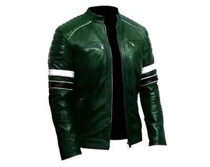 Mens Genuine Leather Jacket with Stirp Forest Green Motorcycle Custom Made Style - Picture 1 of 6