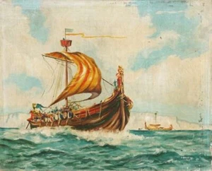VINTAGE ORIGINAL 1943 VIKING LONGSHIP PAINTING VIKINGS ILLUSTRATION LONGBOAT ART - Picture 1 of 7