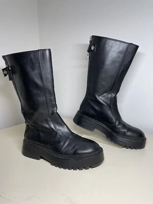Bershka Womens Black Faux Leather Platform Boots Zip On Back Sz 39 EURO 8 US - Image 1 of 4