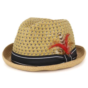Cool Lightweight Paper Straw Fedora Hat with Feather and Ribbon - FREE SHIPPING - Picture 1 of 13