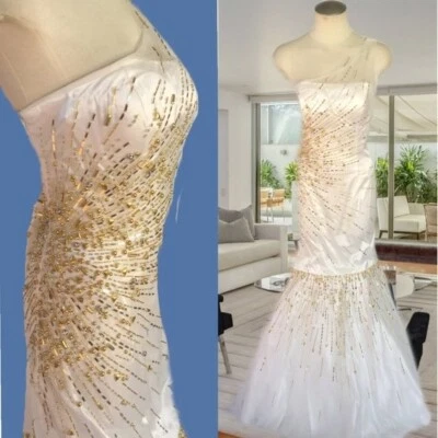 EUREKA Embellished Sequins Stones Long Dress Mermaid One Shoulder  Off White M - Image 1 of 4