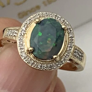 Anillo de oro de 10 quilates ópalo natural raro con acento de diamantes genuinos - Imagen 1 de 24