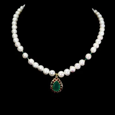 925 Sterling Silver Necklace Pear Aventurine 14x10mm Garnet Pearl Gemstone 17in - Image 1 of 4