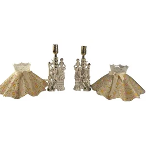 Lot Of 2 Vintage 20" Porcelain Figurine Table Lamps & Shades Victorian Man Lady - Picture 1 of 24