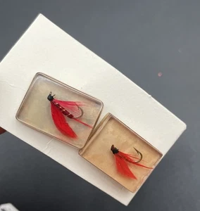 Vtg Hickok 50’s Embedded Red Fly Fishhook GT Cuff Links Set - Picture 1 of 5