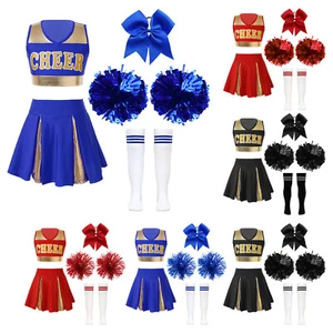 Cheer Leader Halloween Costume Girls Crop Top Pleated Skirt with Pompoms Outfit - Picture 1 of 77