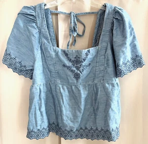 Old Navy Damen Top klein blau Blumen bestickt Boho Prairie Western 17821 - Bild 1 von 7