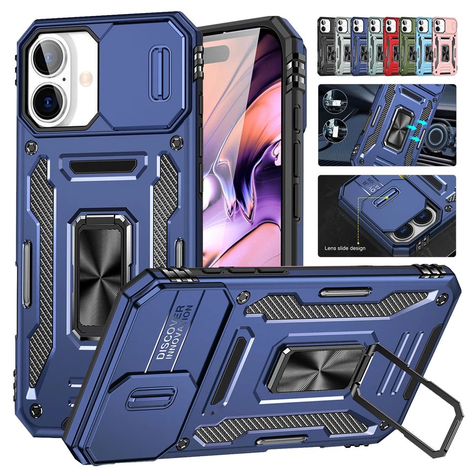 For iPhone 16 15 14 13 12 11 Pro Max Shockproof Ring Stand Case Slide Lens Cover