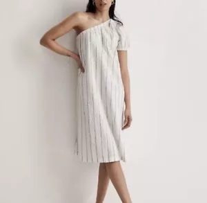 Madewell Seersucker One Shoulder Puff Sleeve Midi Dress Blue Stripe M NWT - Picture 1 of 12