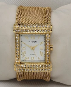 Ladies Gruen Stylish Gold Tone Pave Bezel Mesh Cuff Bracelet Analog Watch H2 - Picture 1 of 8