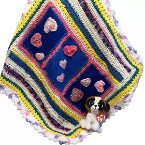 Handmade Crochet Baby Blanket Throw Pram Cover Ty Plush Heart Applique Homemade - Picture 1 of 8