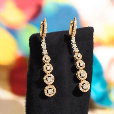 Pave 1.77 Cts Round Brilliant Cut Genuine Diamonds Dangle Earrings 14K Rose Gold - Image 1 of 4
