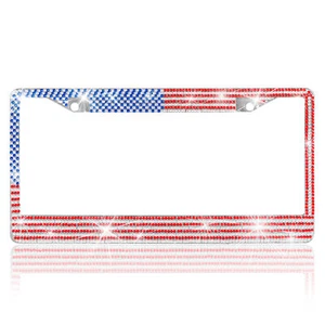 2X Rust Proof Metal USA American Flag Crystal Bling License Plate Frame - Picture 1 of 4