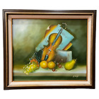 Nature morte originale vintage signée par un artiste huile sur toile peinture fruits musique violon