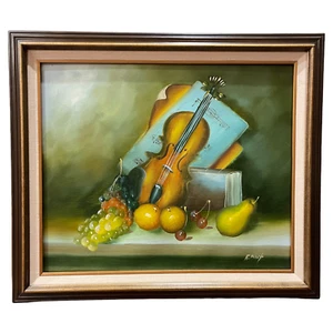 Dipinto olio su tela originale natura morta firmato artista vintage frutta violino musica - Foto 1 di 12