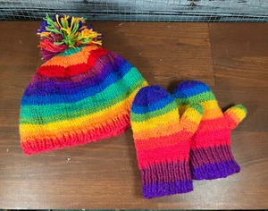 Rainbow Hat Mitten Set Handmade Crocheted Fleece Lined Approx 4-6 Year Old - Picture 1 of 19