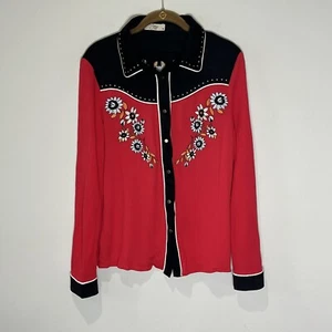 John Moon Shirt Women's Medium Red Embroidered Western Button Up Black Fringe - Picture 1 of 10