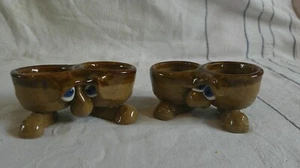 Studio Art Pottery Pair of Twin Egg Cups Funny Face Ugly Silly Brown Weird - Picture 1 of 6