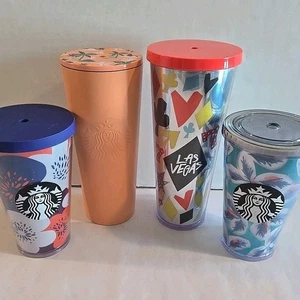 Starbucks Vaso Lote de 4 Tazas (1 Inoxidable, 3 Plástico) Sin Pajitas 24 y 16 Oz. - Imagen 1 de 20