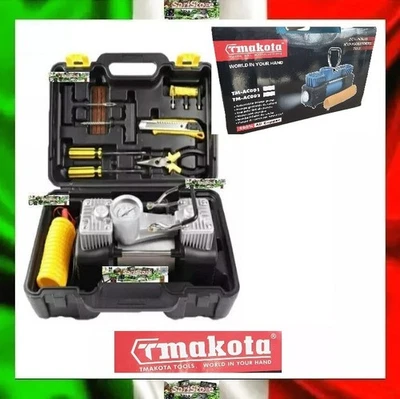 Tmakota Compressore Portatile 12V Gonfia Ruote Auto Camper Bici  LED  Kit Ripara - Image 1 of 4