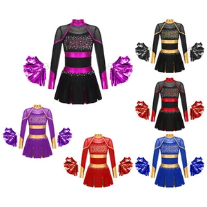 Girls Long Sleeve Shiny Sequins Dance Dress with Pom Poms Outfits Cheerleading - Picture 1 of 68