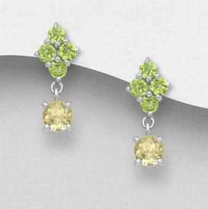 925 Sterling Silver Genuine 2.84 Carat Citrine Peridot Drop Stud Earrings Women - Picture 1 of 2