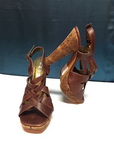 NA NA EMMA BURNISH CALF LEATHER / CORK PLATFORM SANDAL SZ 6.5 - Picture 1 of 9
