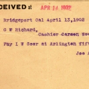 Scarce Vintage 1902 Western Union Telegraph - Pay L W Geer at Arlington $50 - Picture 1 of 3