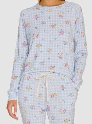 $100 Stripe & Stare Women's Blue Petit Gingham Sweatshirt Sleepwear Pajama Top M - Image 1 of 2