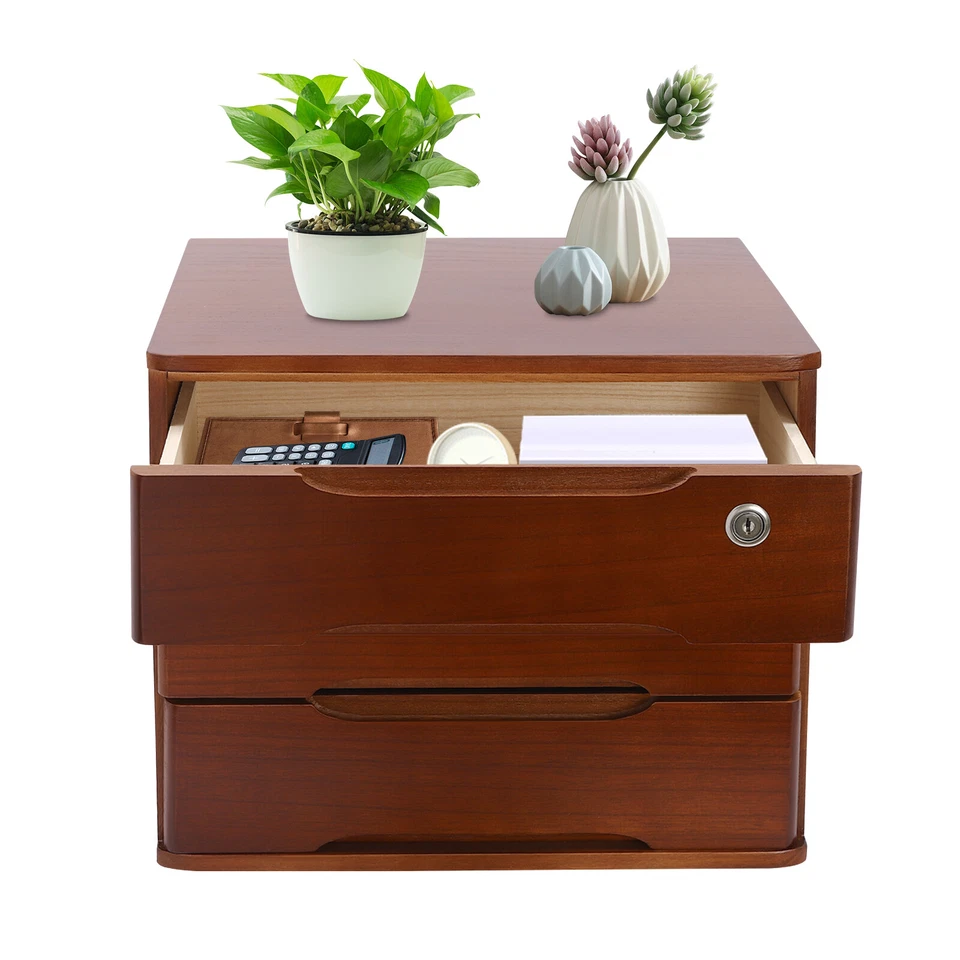 3-Tier File Cabinet Organizer Walnut Desktop Storage Box with Lockable Drawers - Image 1 of 4