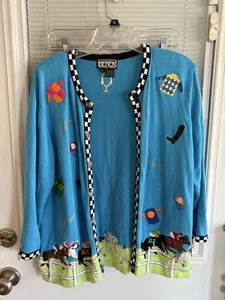 Vintage Berek Sweater Cardi Blue Horse Equestrian Derby Racing Beaded Applique L - Picture 1 of 11